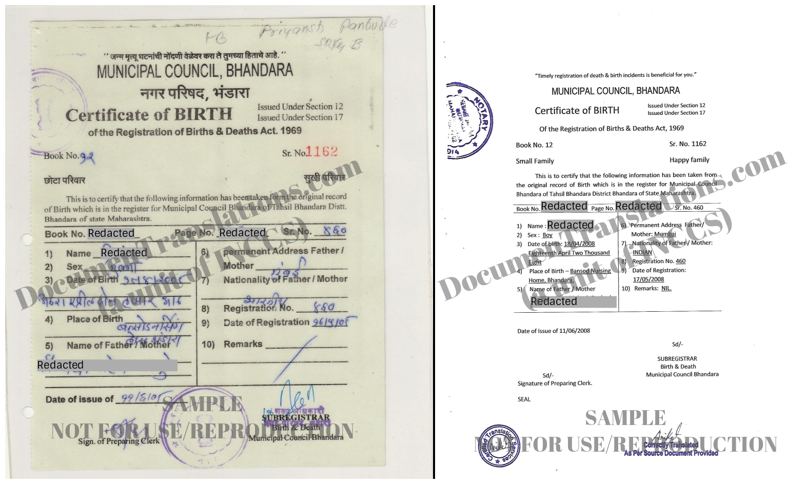 Certified and Notarized Marathi to English translation of Birth